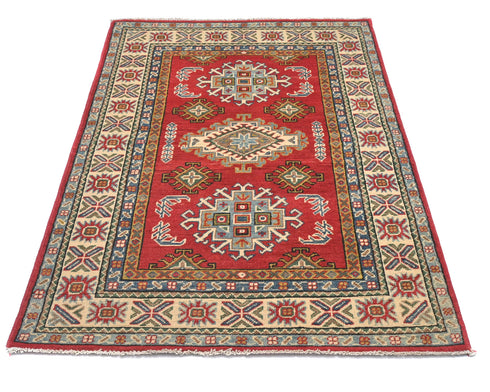 3x5 Red Kuba Afghan Hand Knotted Wool Area Rug
